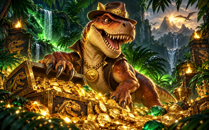 Dinosaurio aventurero con monedas y vegetación prehistórica