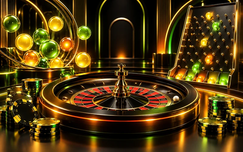 Mesa de casino en vivo con fichas, ruleta y luces verdes