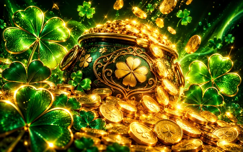 Tréboles verdes, monedas y brillo dorado de la fortuna