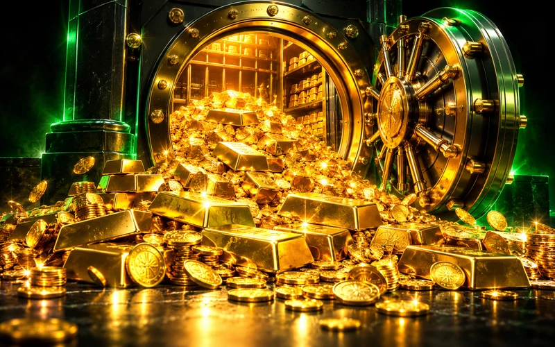 Lingotes de oro de Lucky Goldbricks dentro de una bóveda verde