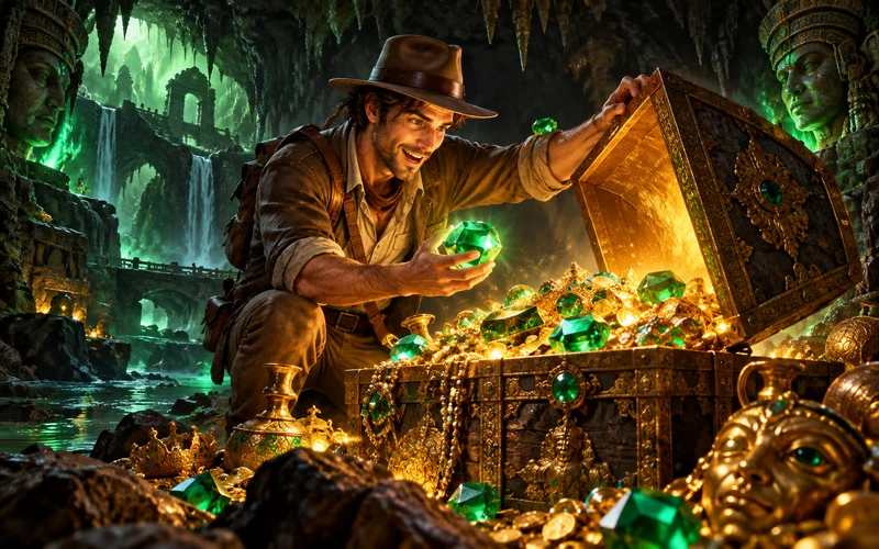 Explorador frente a un cofre de tesoro brillante