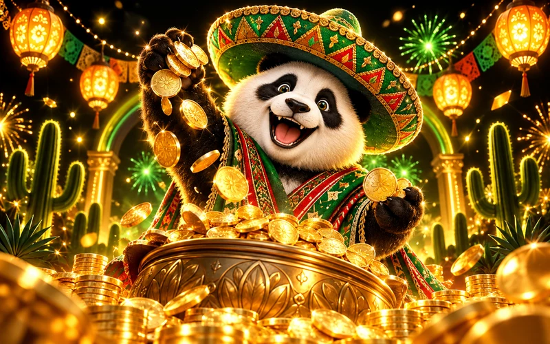 Panda festivo con monedas y faroles de colores