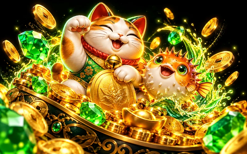 Gato mágico y gemas en una escena colorida de tragamonedas