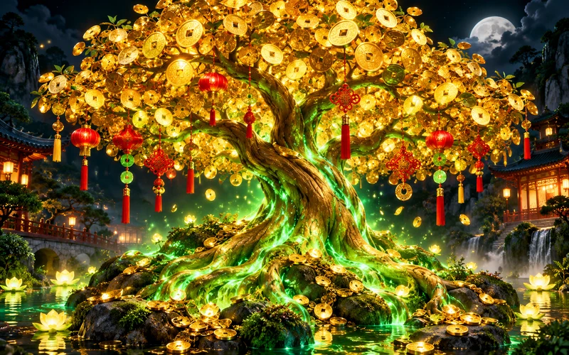 Árbol de prosperidad cubierto de monedas doradas