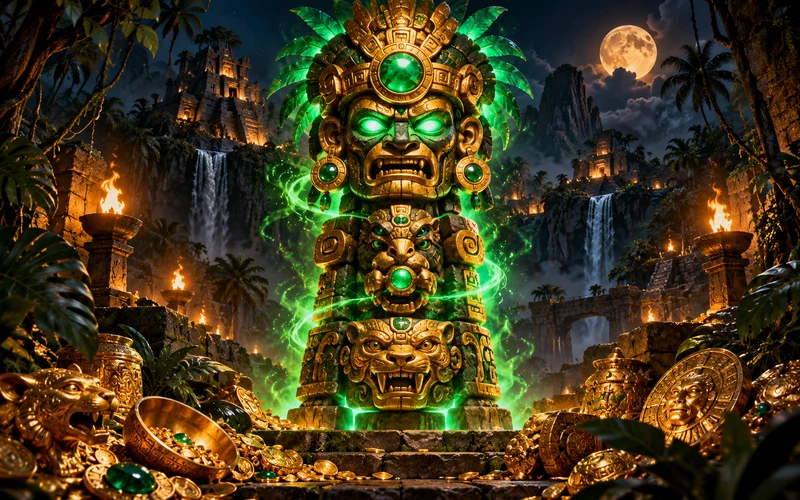 Tótem fantástico iluminado entre símbolos dorados